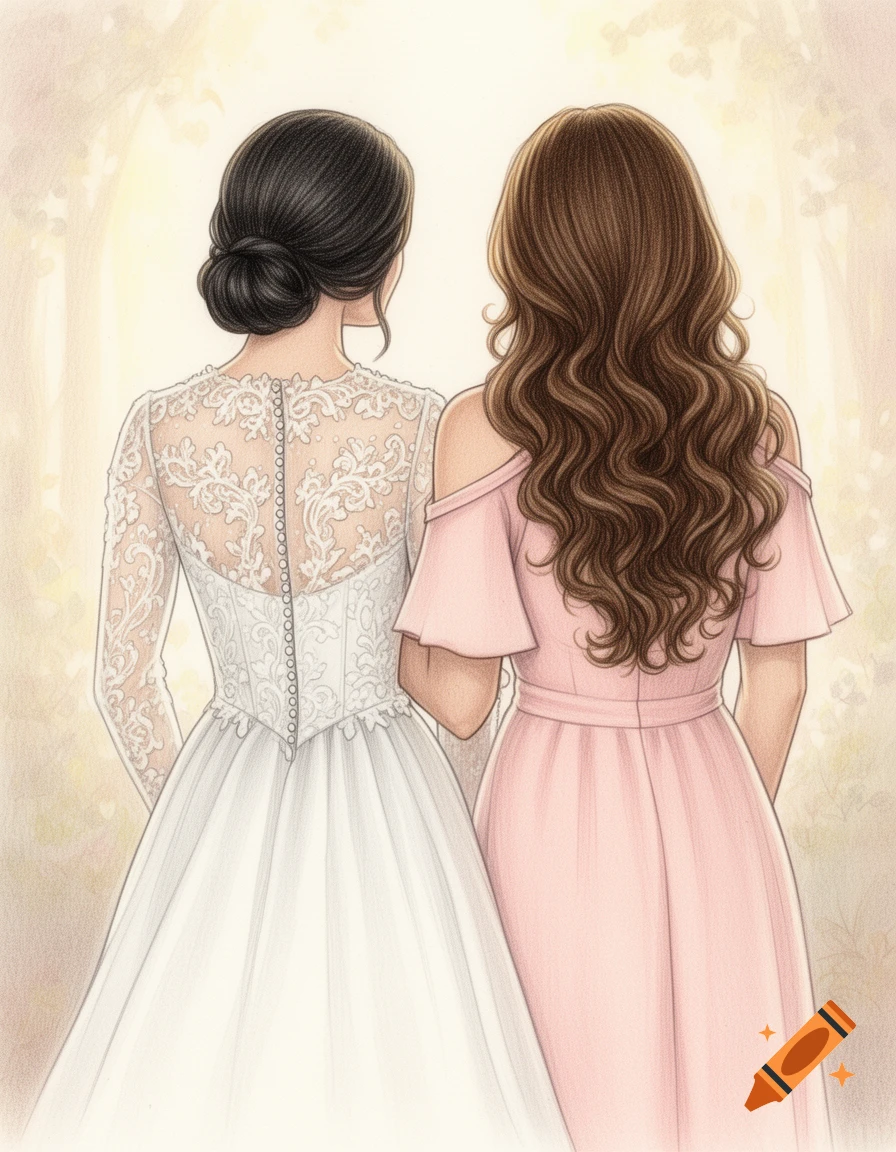Drawing of a bride in a white lace gown and her maid of honor in a pink dress, seen from behind.