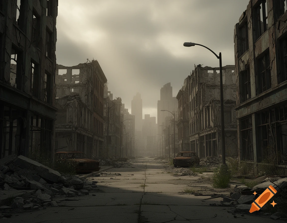 A desolate, ruined city street lined with crumbling buildings and abandoned cars under a hazy, overcast sky.