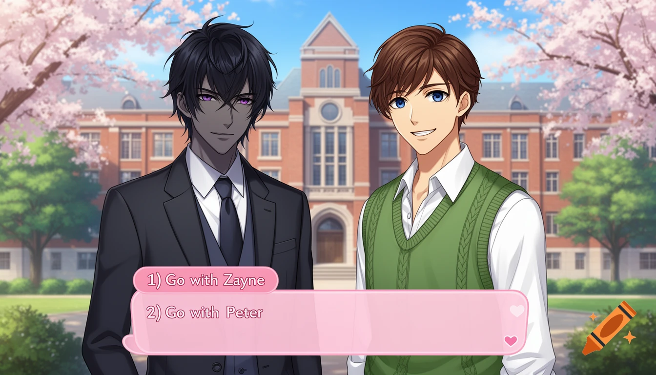 Two anime men, one in a suit, one in a green vest, stand before a college with cherry blossoms. A pink text box offers choices.
