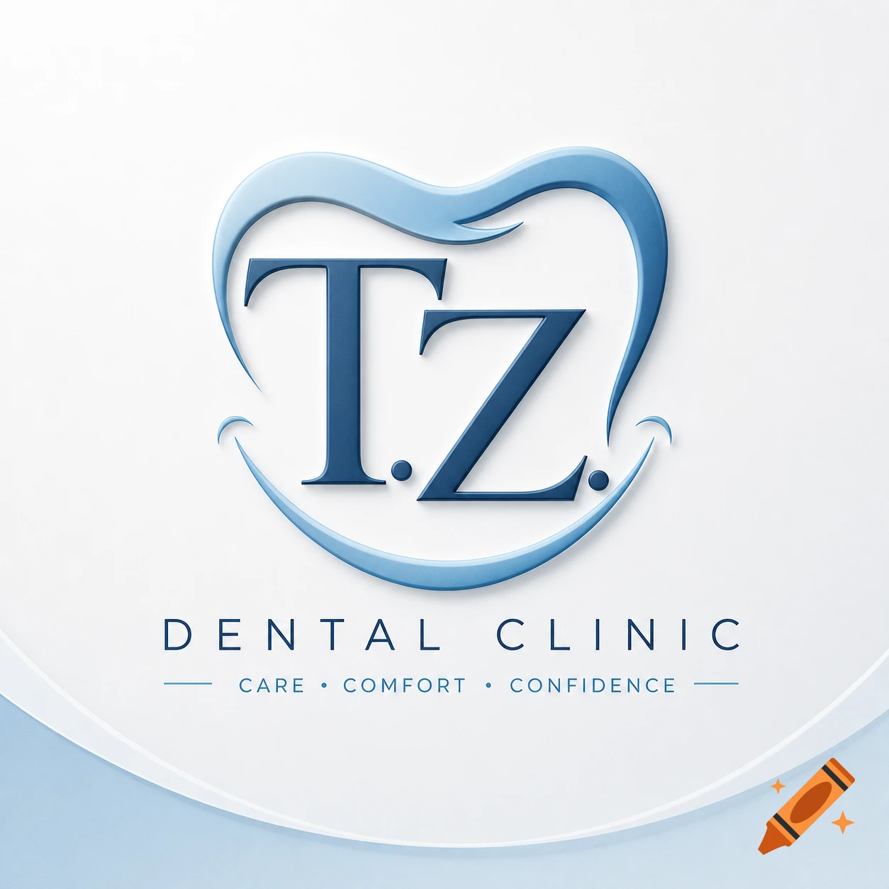 A blue and white dental clinic logo featuring 'T.Z.' within a heart-shaped tooth, with 'DENTAL CLINIC' and 'CARE • COMFORT • CONFIDENCE' below.