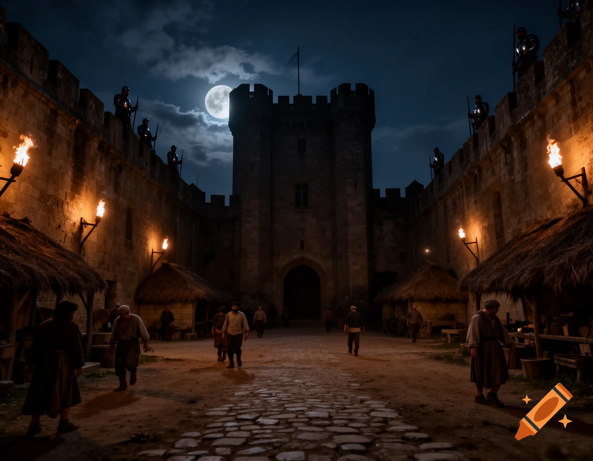 A dark medieval castle courtyard at night, with a full moon, torchlit walls, guards on ramparts, and peasants walking.