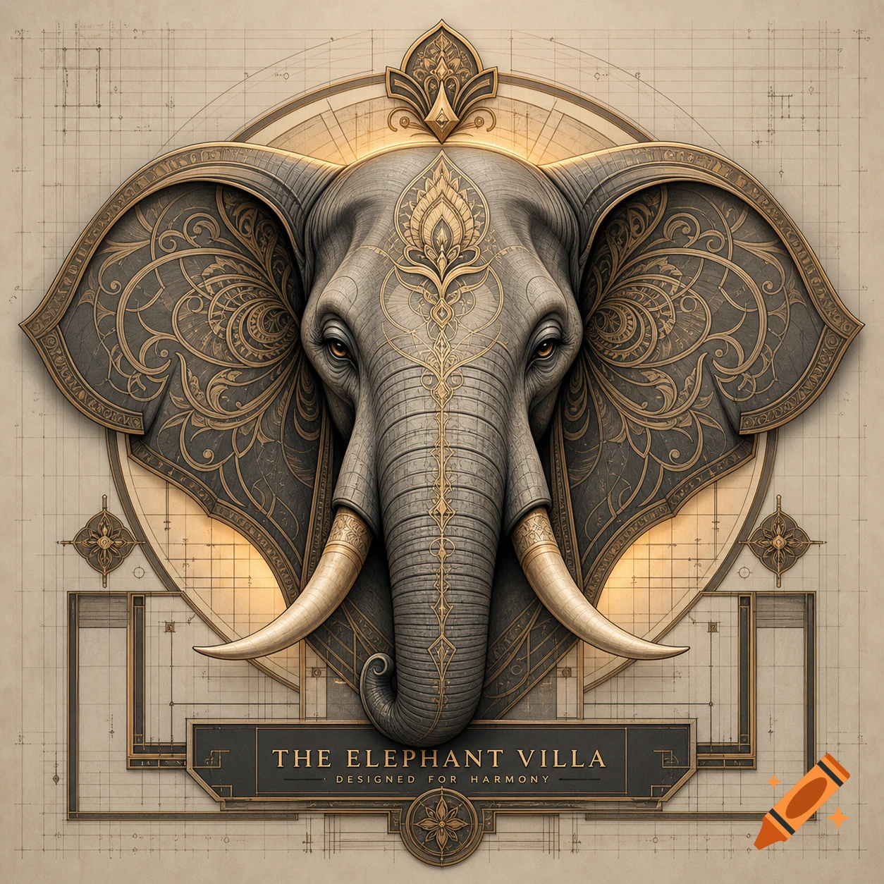 Ornate elephant head emblem with golden patterns and tusks on a blueprint background, featuring 'The Elephant Villa' text.