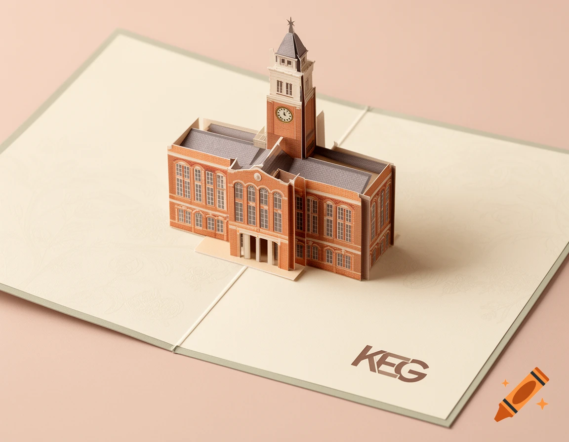 A detailed pop-up card featuring a brick building with a clock tower, displayed on a beige surface with a 'KEG' logo.