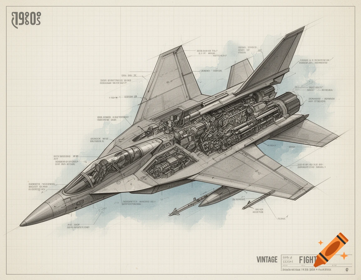 A detailed 80s concept blueprint of a gray fighter jet, showing its internal components and various technical labels on a grid background. Text reads "1980s" and "VINTAGE FIGHTER".
