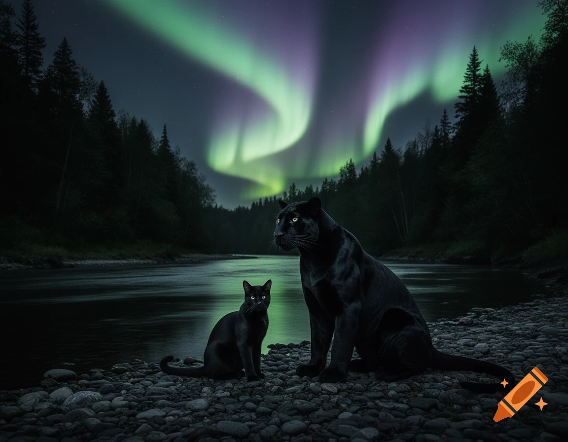 A black panther and a black cat sit side by side on a rocky riverbank at night, under vibrant green and purple aurora borealis and a dark forest.