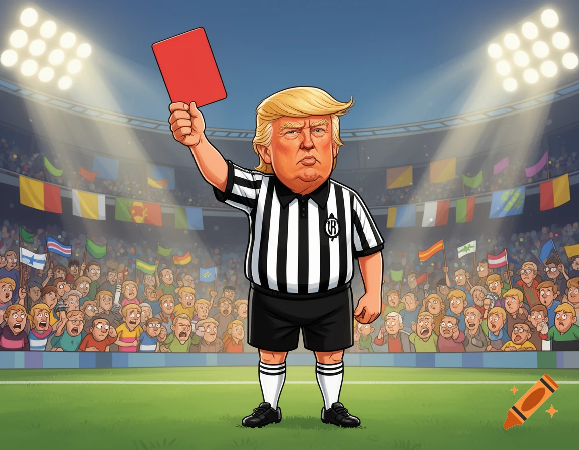 Cartoon of Donald Trump as a football referee holding a red card in a stadium full of spectators.