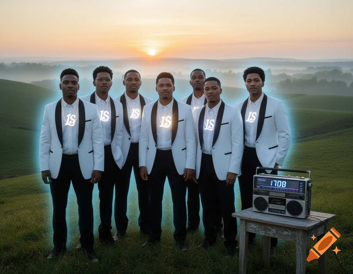 A group of six men in white blazers and black pants with "LS" chains stand in a grassy field at sunset. A boombox sits on a table to the right.