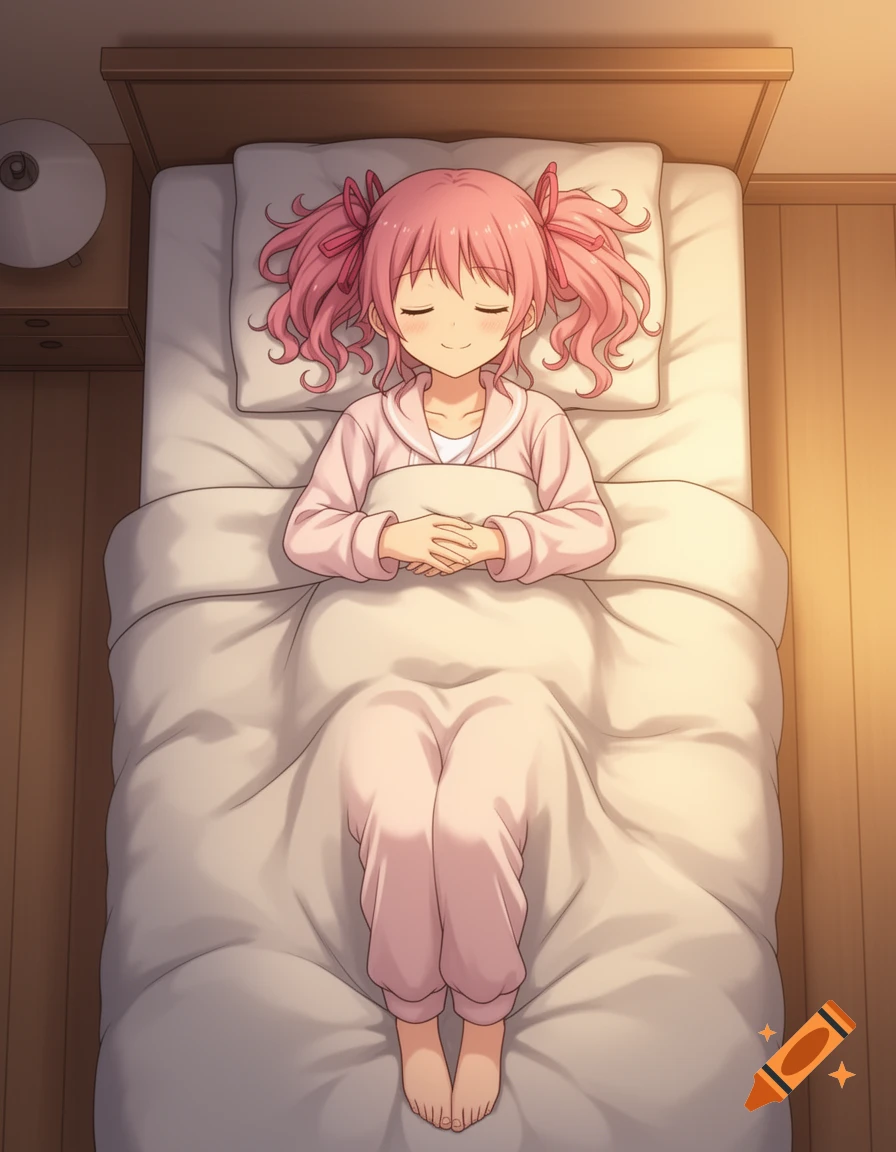 Anime girl with pink pigtails sleeping peacefully in bed, wearing pink pajamas, top-down view.