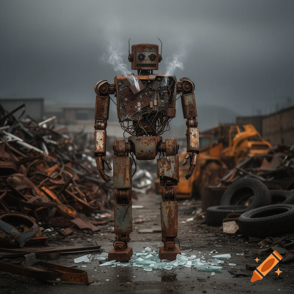 A photorealistic rusty, broken robot with exposed wires and steam stands amidst a junkyard of scrap metal and tires under a grey sky.