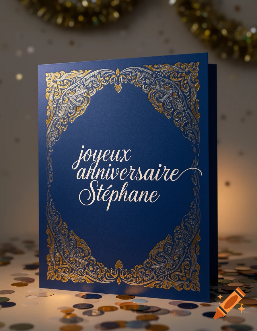 A dark blue birthday card with ornate gold and silver foil scrollwork, featuring "joyeux anniversaire Stéphane" in white script, surrounded by confetti.