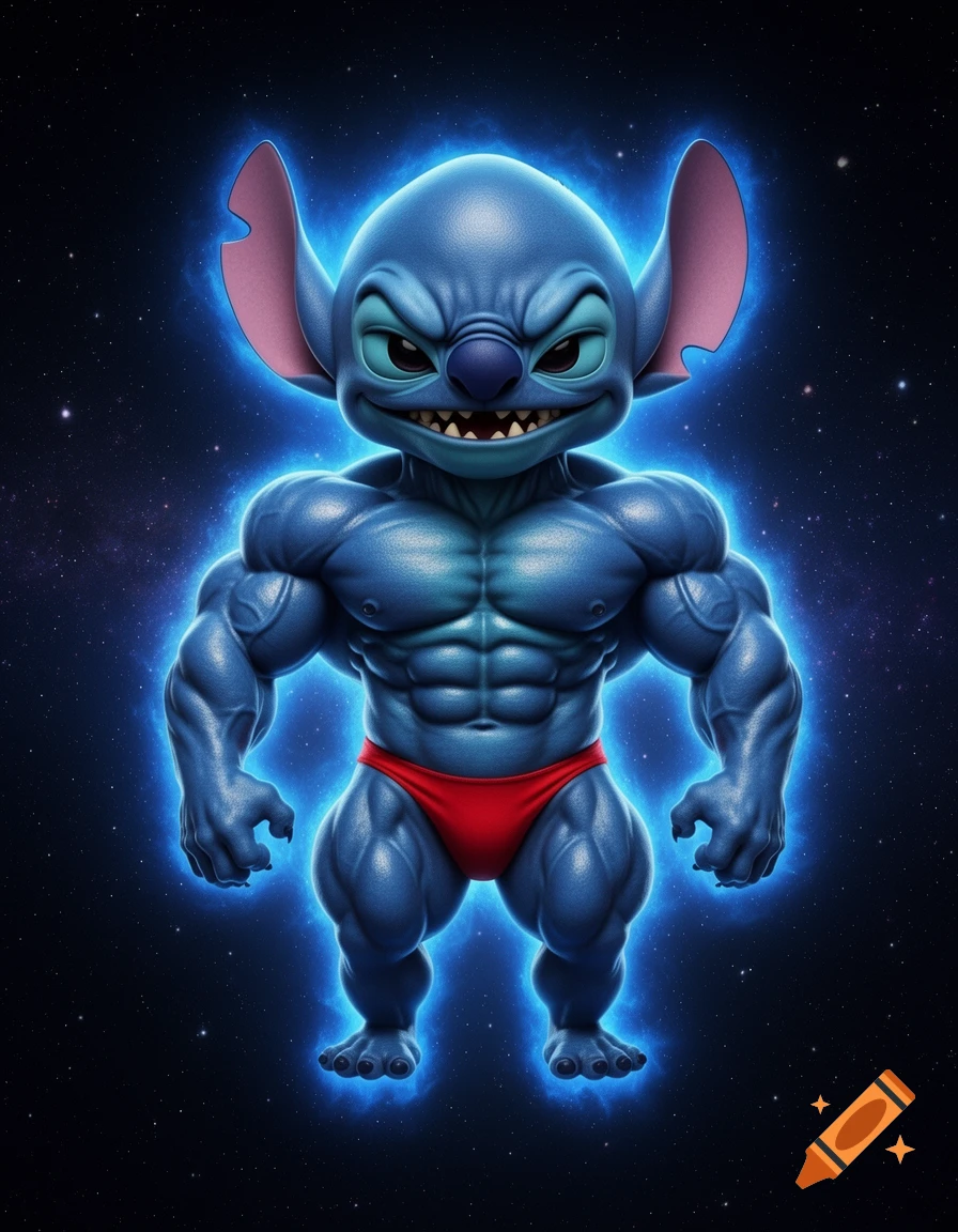 Muscular blue alien Stitch, wearing a red posing thong, with a blue aura, floats in space.