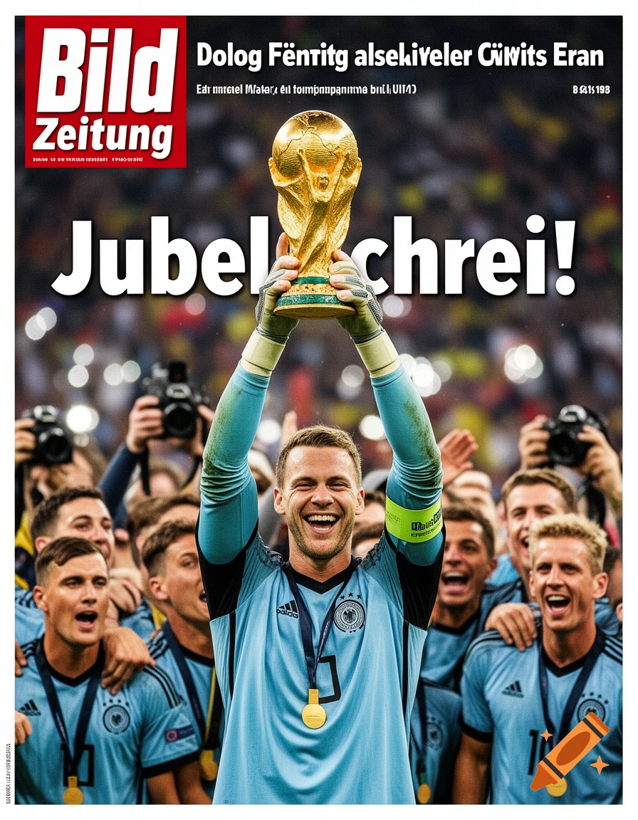A jubilant German soccer player in a blue jersey holds the golden World Cup trophy aloft on a newspaper cover titled "Bild Zeitung Jubel schrei!"