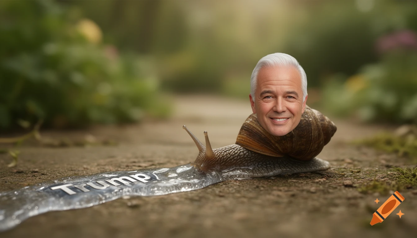 A snail with Gianni Infantino's head leaves a slime trail spelling 'Trump' on a dirt path in a garden.