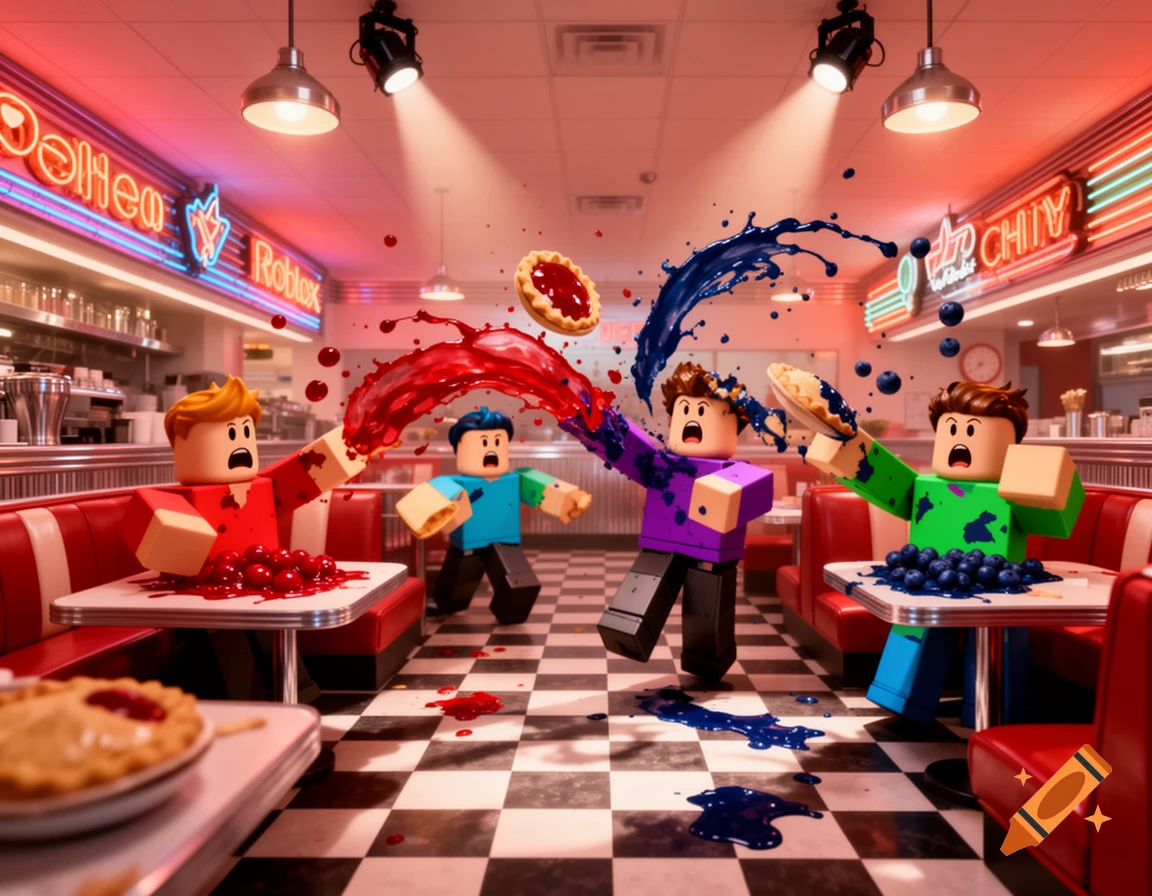 Roblox-style characters have a messy cherry and blueberry pie fight inside a retro diner.