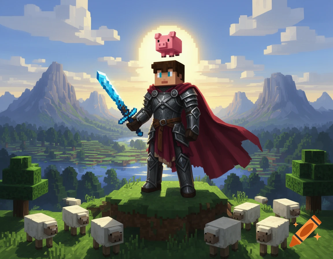 A Minecraft-style knight in detailed armor and red cape holds a glowing blue sword, with a pink pig on his head. He stands on a grassy hill with sheep, against a backdrop of blocky mountains, a river, and a bright sky.