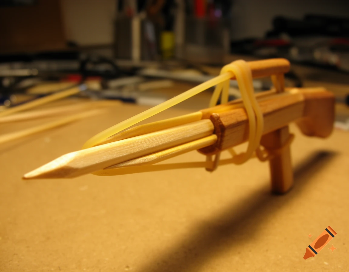 A homemade spear gun crafted from wooden sticks, with a sharpened point and yellow rubber bands, resting on a brown surface.