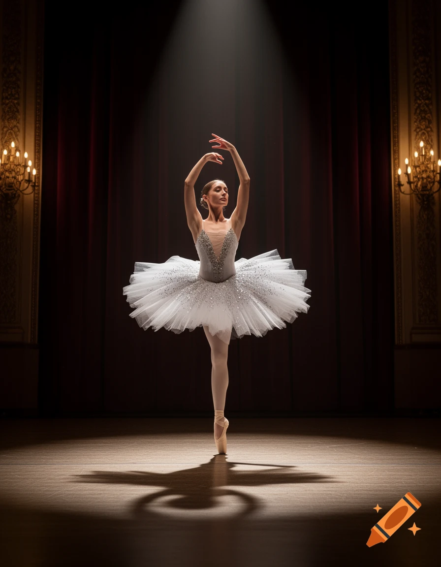 A ballerina in a sparkling white tutu poses en pointe on a stage under a spotlight, with red curtains and chandeliers.