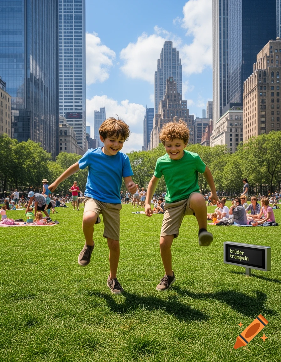 Two happy boys in blue and green shirts jump in a sunny city park with skyscrapers in the background, a sign in the grass reads "brüder trampeln".