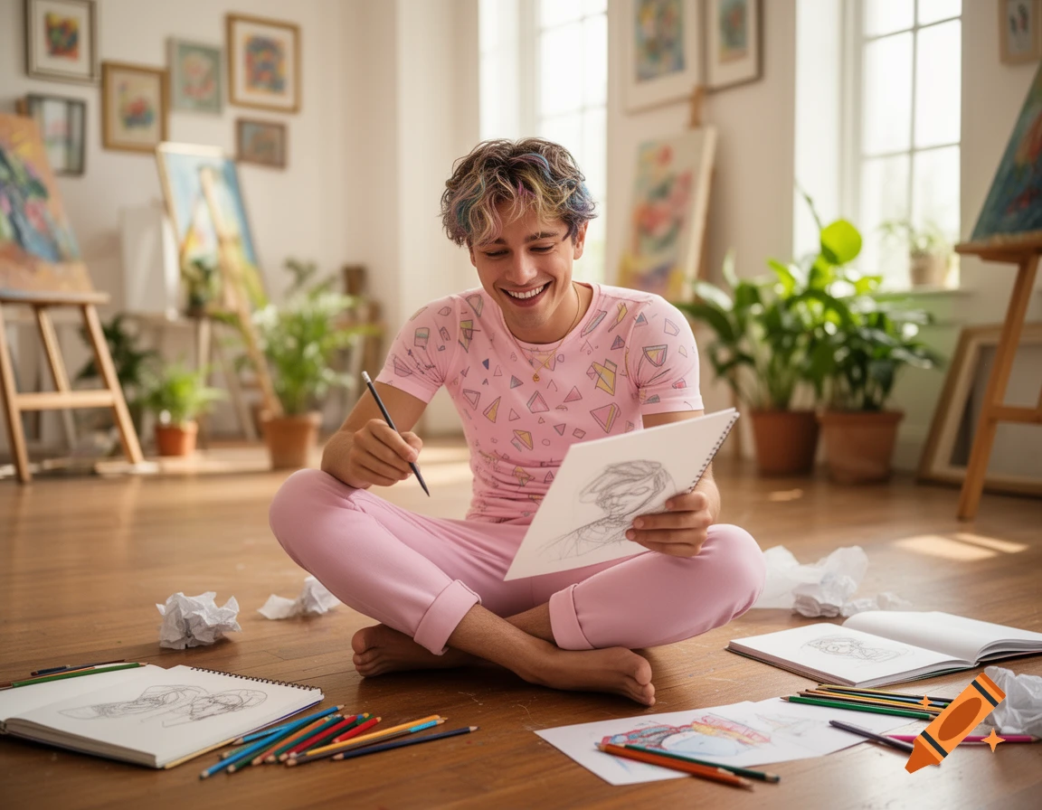 A smiling person with colorful hair and pink clothes sits cross-legged on a wooden floor, drawing in a sketchbook surrounded by pencils and art supplies in a bright studio.