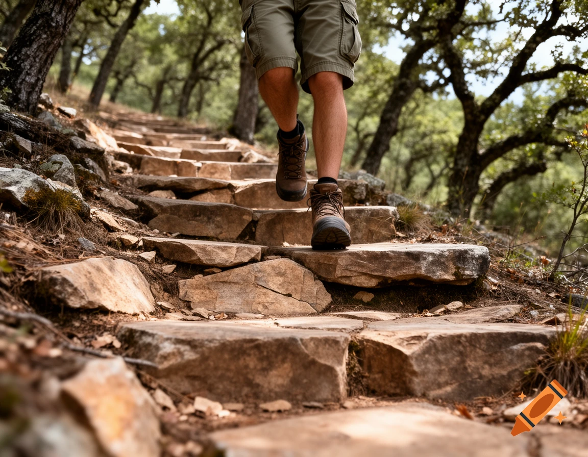 Person's legs in cargo shorts and hiking boots ascending rustic stone steps on a wooded trail.