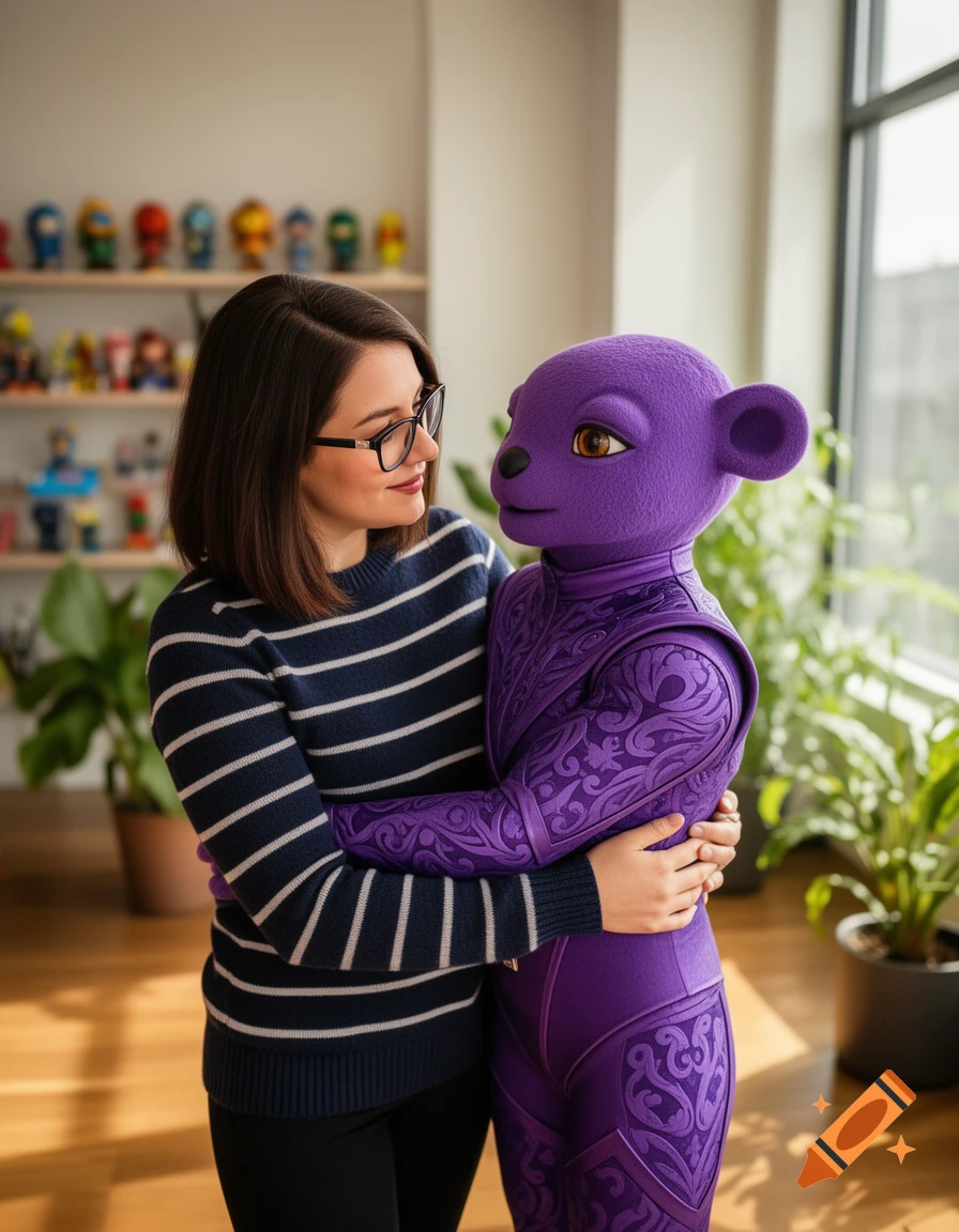 A woman with glasses embraces a purple anthropomorphic character with intricate patterns, in a sunlit room.