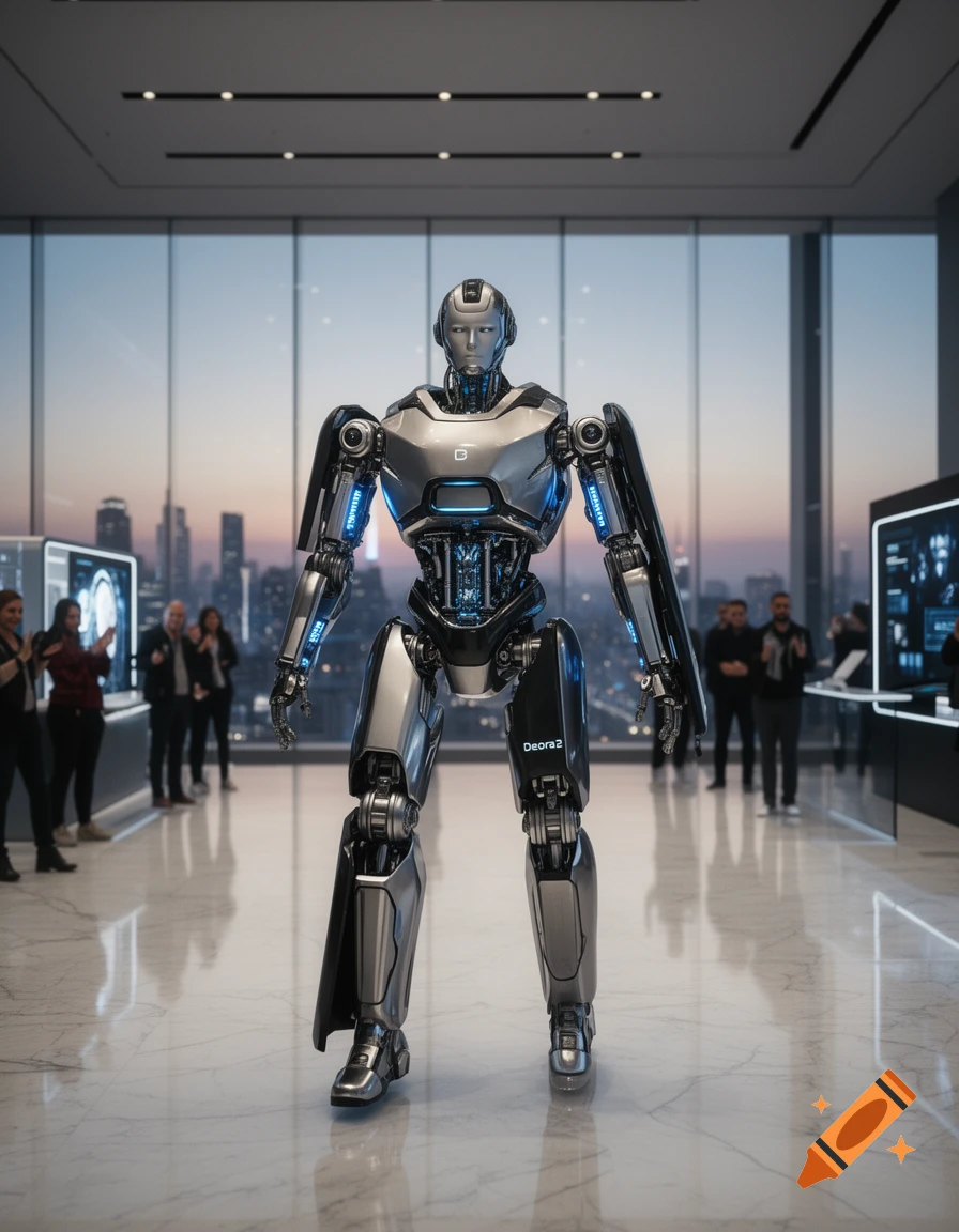 Photorealistic Deora2 robot standing in a modern office with a city skyline view at dusk.