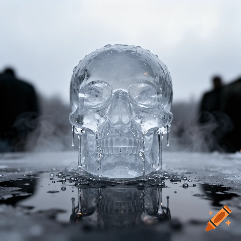 A translucent ice skull is melting on a wet, dark surface with water droplets and steam, reflecting in the puddles, against a blurred, misty background with two dark figures.