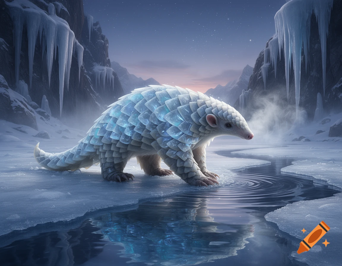 A fantastical ice and water elemental pangolin stands on an icy surface, touching water in a frozen mountain landscape.