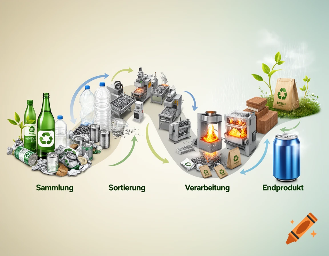 Diagram illustrating the recycling process: collection of bottles and cans, sorting, industrial processing with machinery, and creation of a new product, labeled in German.