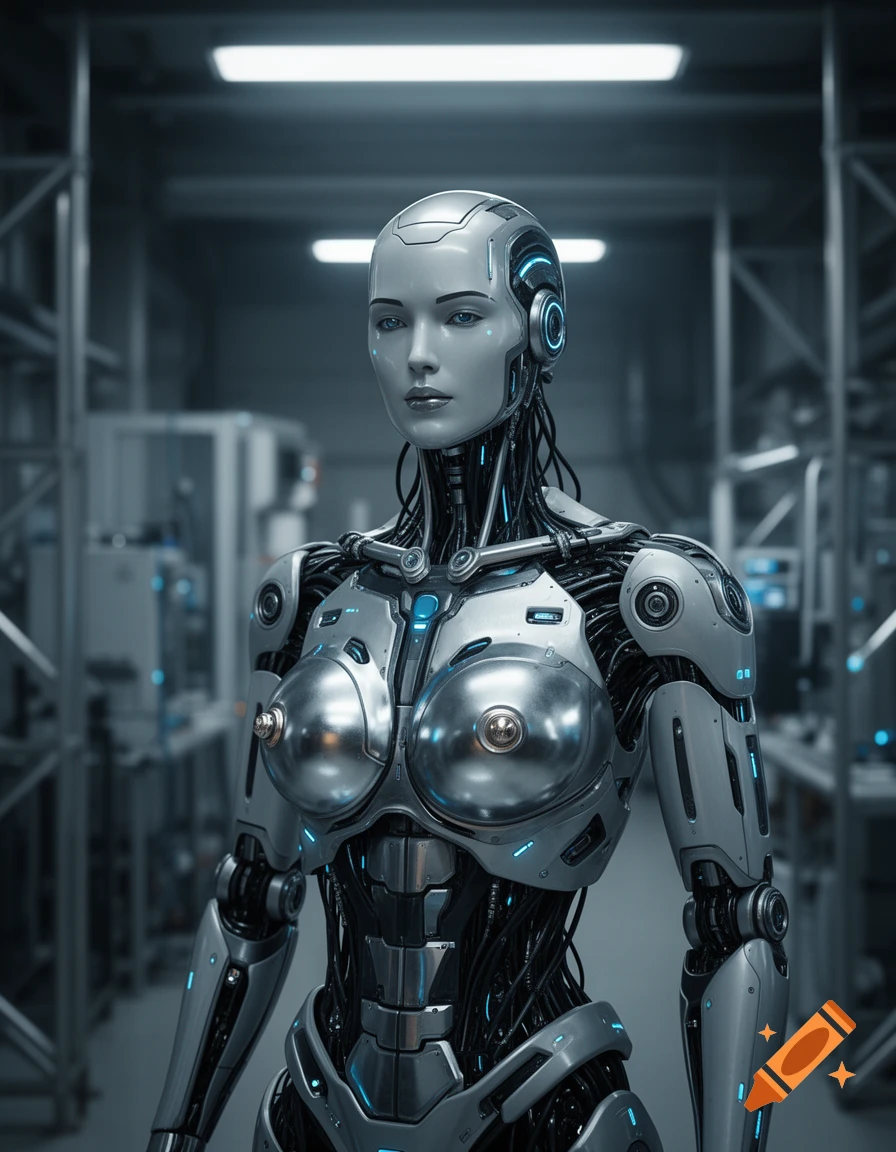 A metallic female humanoid robot with blue glowing accents stands in a futuristic industrial setting, rendered in a photorealistic style.