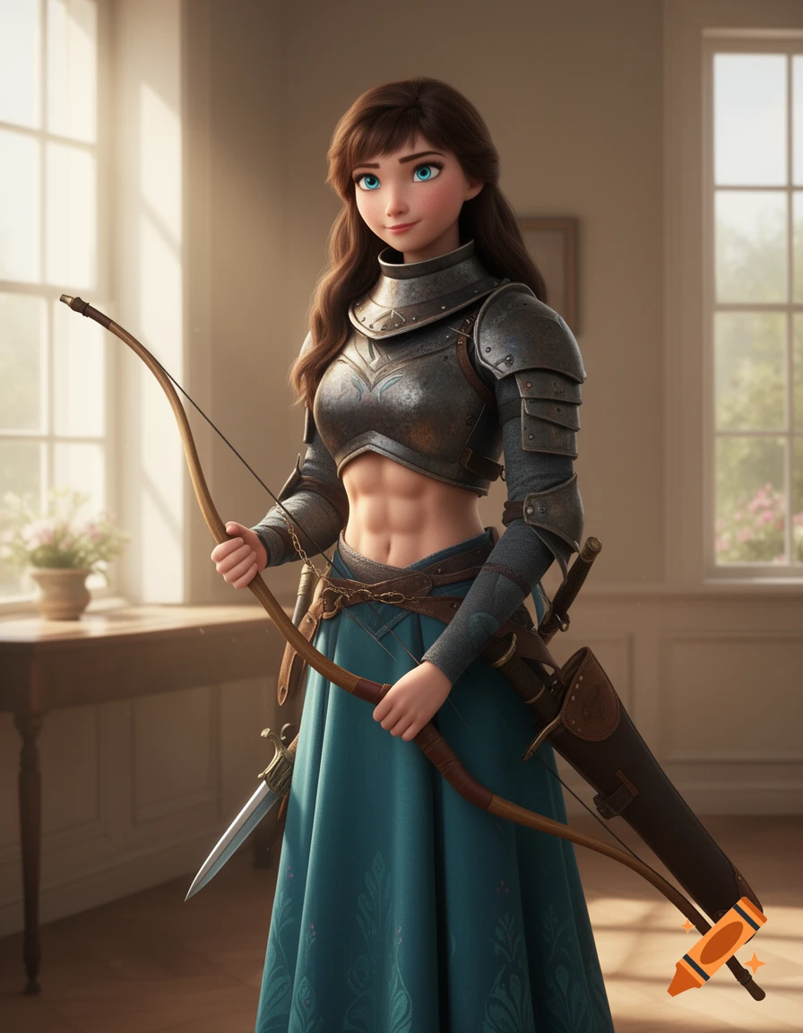 Adult Anna from Frozen in a suit of armor with a muscular midriff, holding a bow in a sunlit room.