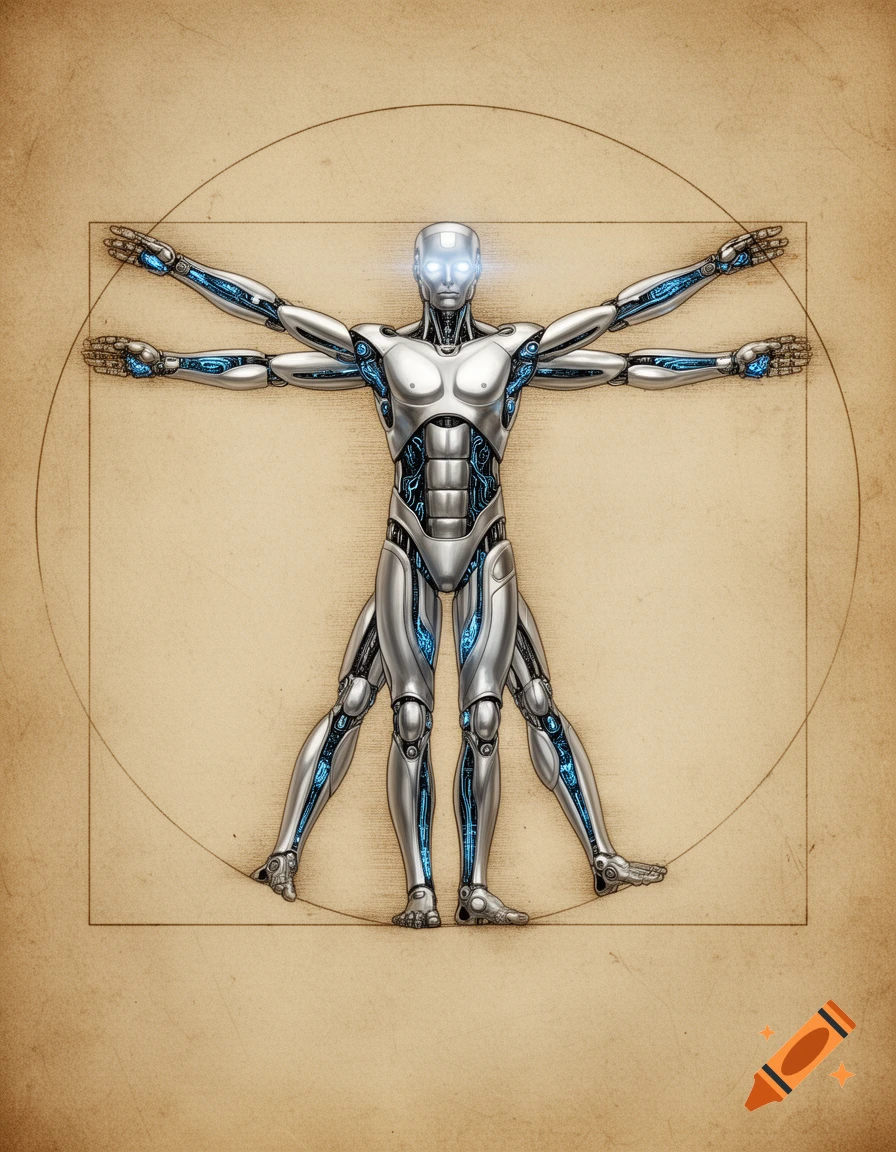A metallic silver robot in the iconic Vitruvian Man pose, with glowing blue accents, against a textured, antique-style paper background.