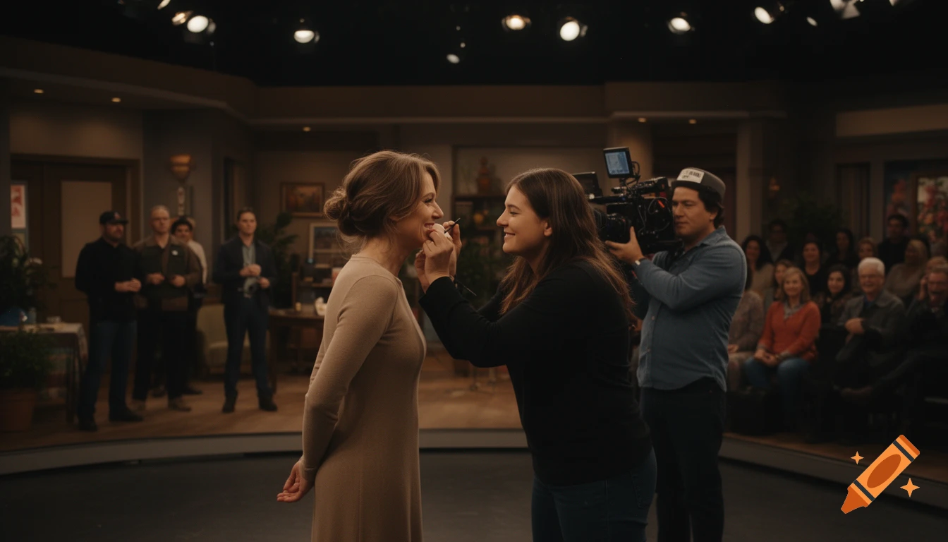 An actress in a beige dress smiles as a makeup artist applies makeup on a TV set. A cameraman films them, and an audience watches in the background.