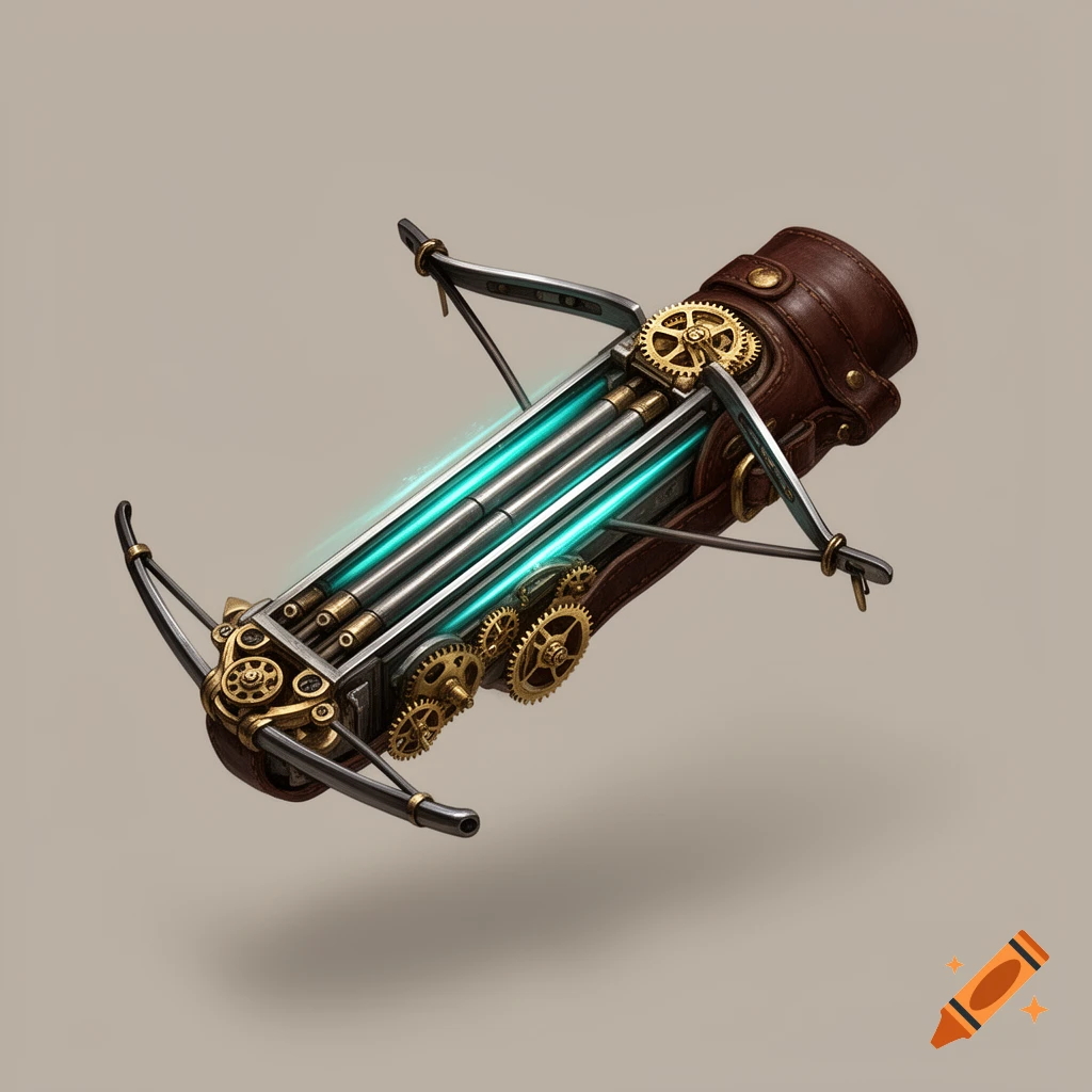 A compact steampunk crossbow, made of brass gears, steel limbs, and a brown leather bracer, featuring glowing turquoise plasma accents. The weapon is isolated on a plain background.