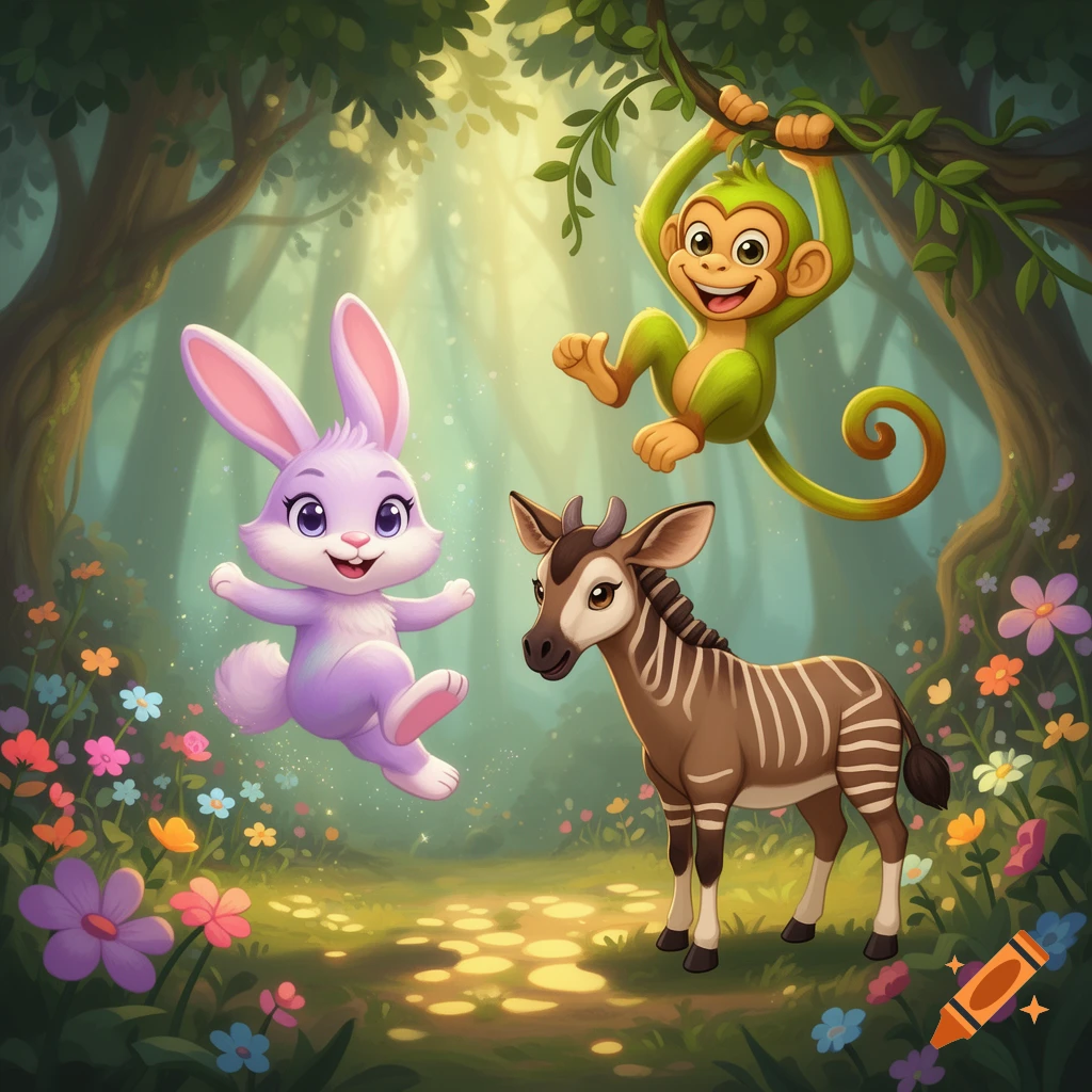 A cheerful cartoon bunny, monkey, and okapi in a bright, sun-dappled forest with colorful flowers.