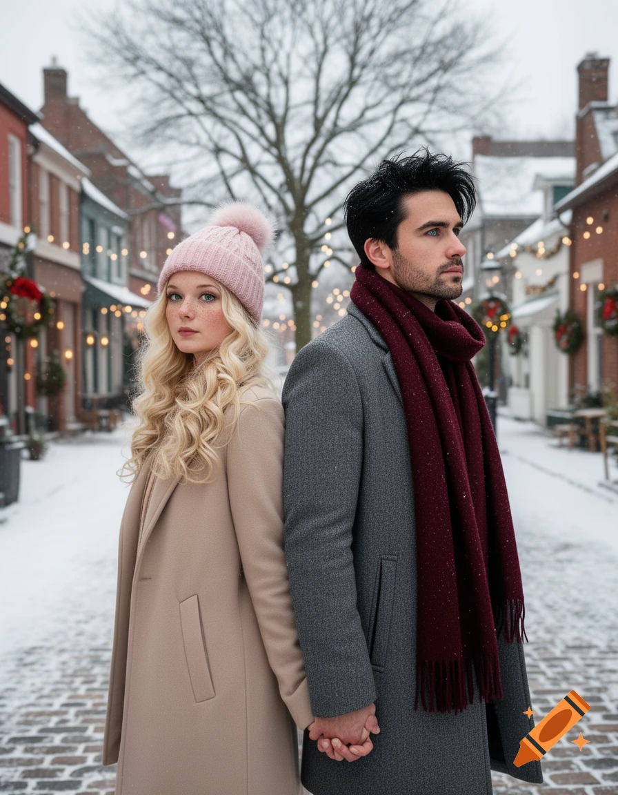 A couple stands back-to-back, holding hands in a snowy cobblestone street lined with festive Christmas lights and wreaths.