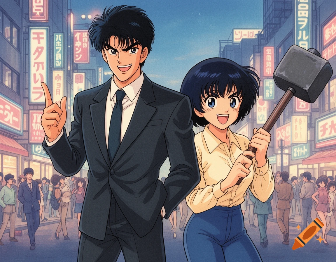 An anime man in a suit and a woman holding a large hammer stand on a city street with neon signs.