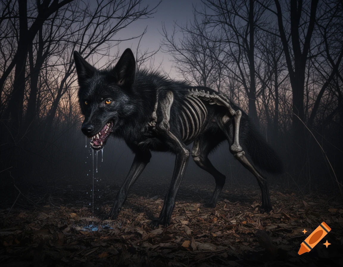 A monstrous, emaciated black wolf-like creature with exposed bones, glowing orange eyes, and bared fangs drools in a dark, misty forest.