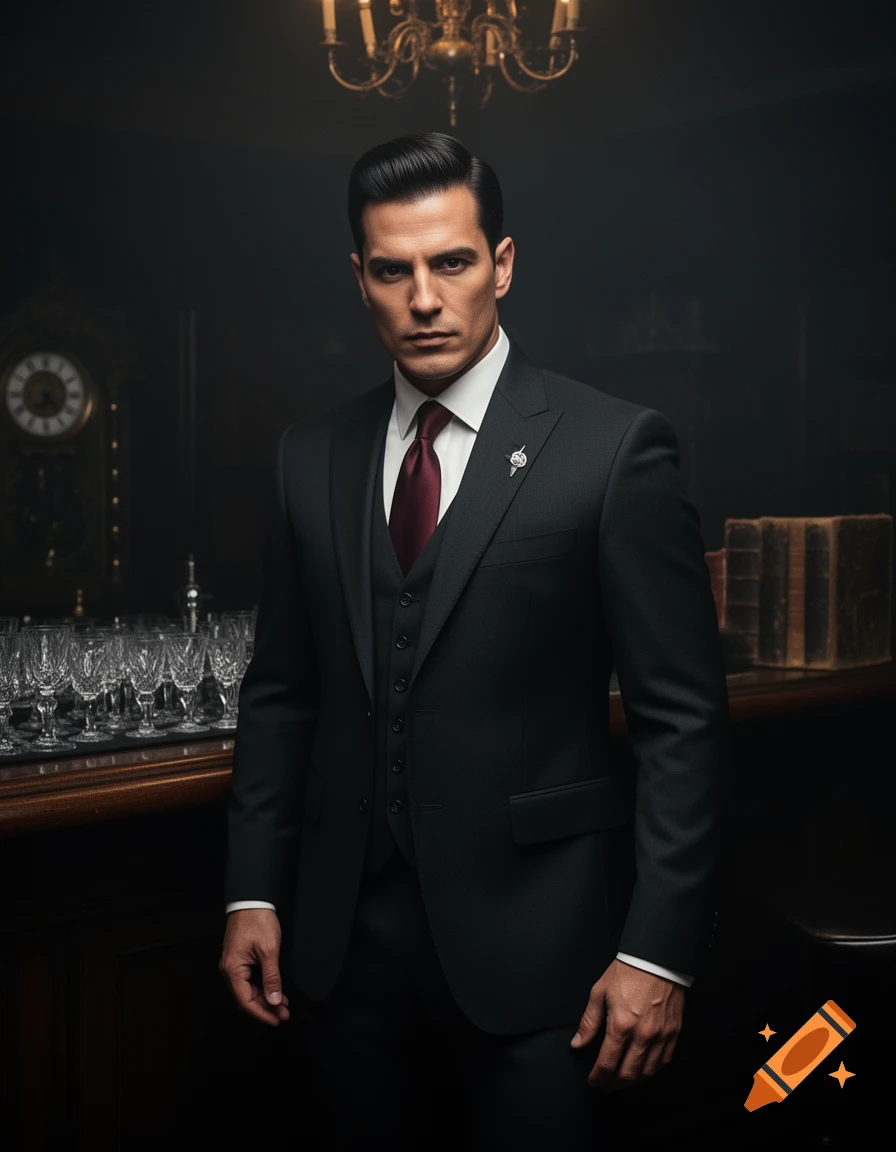 Photorealistic portrait of a serious man in a dark suit and red tie, standing by a dimly lit bar with glassware and books.