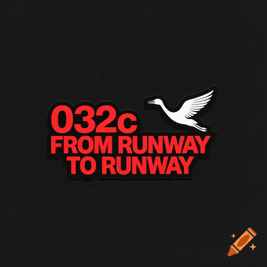 A red '032c' logo and 'FROM RUNWAY TO RUNWAY' text with a white crane logo on a black background.
