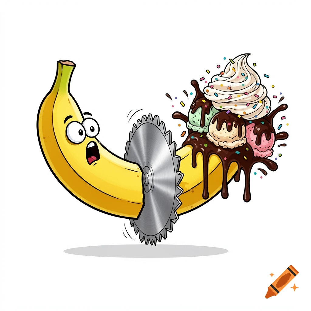 Funny 2D cartoon of a shocked banana being sliced by a saw, revealing ice cream, chocolate, whipped cream, and sprinkles.