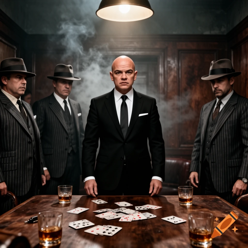 A bald man in a black suit with three men in pinstriped suits and hats stand around a wooden table with playing cards and whiskey glasses in a dimly lit, smoky room.