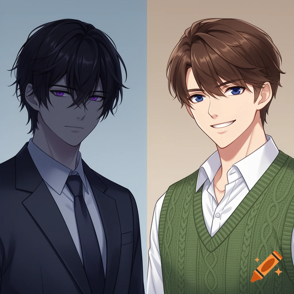Anime depiction of two men side by side. One on the left has dark hair, purple eyes, a brooding look, and wears a suit. The other on the right has brown hair, blue eyes, a smile, and wears a white shirt and green vest.