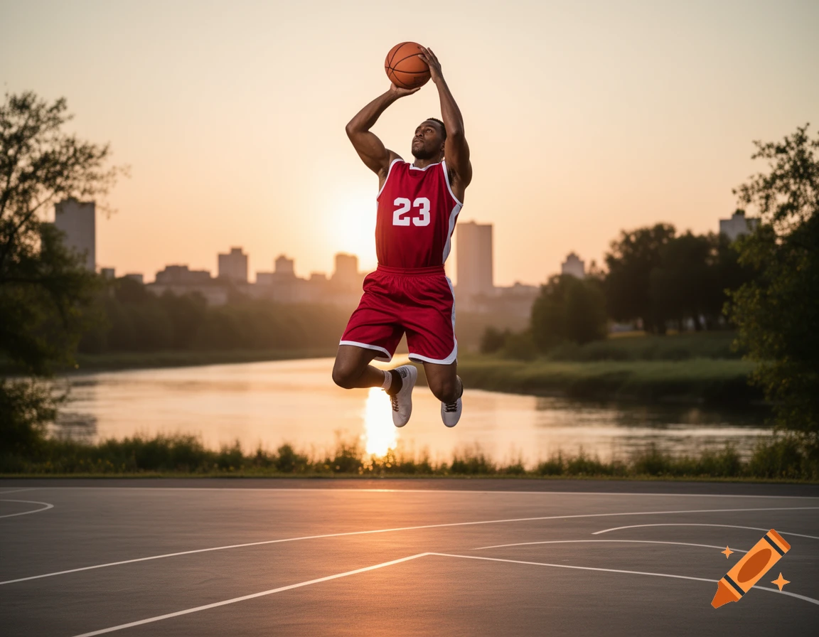 A photorealistic image of a basketball player jumping to shoot on an outdoor court by a river at sunset.