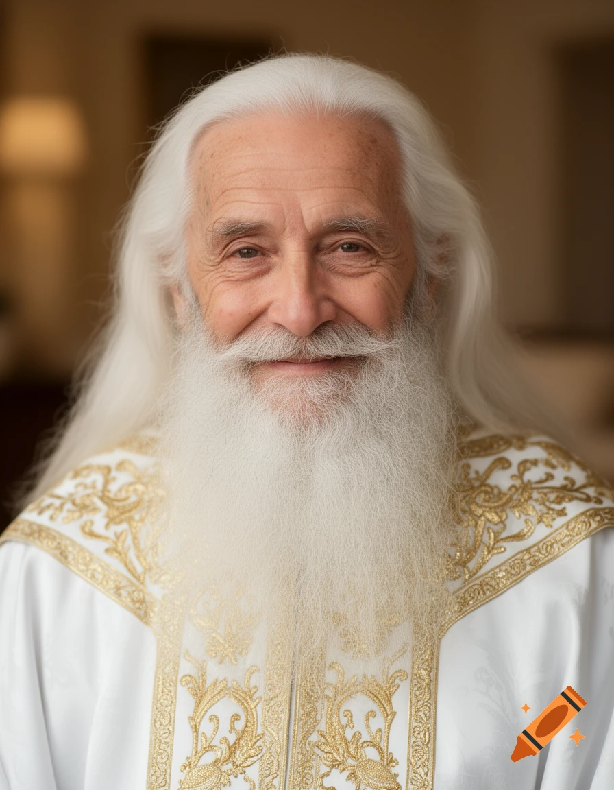 Close-up portrait of an elderly man with long white hair and beard, smiling in an ornate white and gold robe.