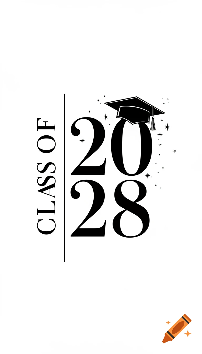 Black and white graphic design for 'CLASS OF 2028' with a graduation cap and sparkling stars.