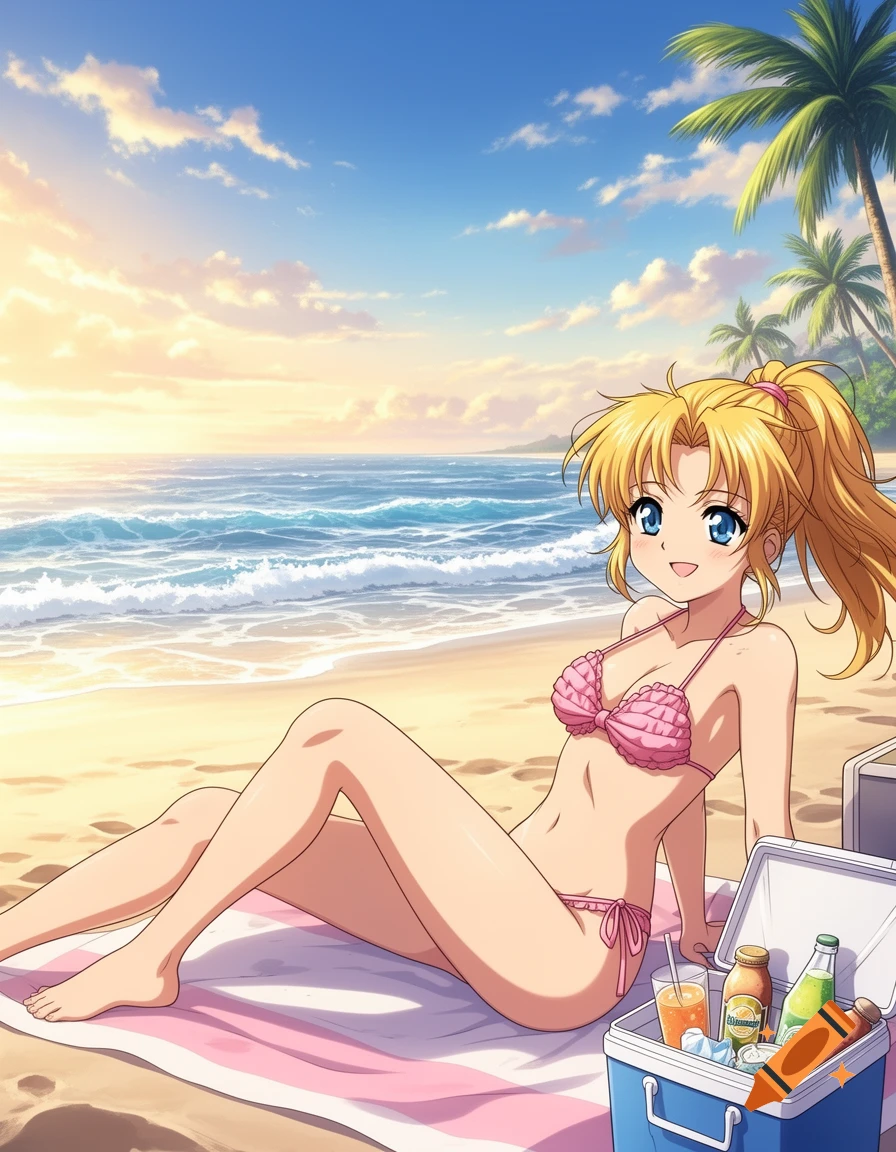 An anime girl with blonde hair in a pink bikini sits on a striped towel on a sandy beach next to a cooler, with ocean waves and palm trees in the background.