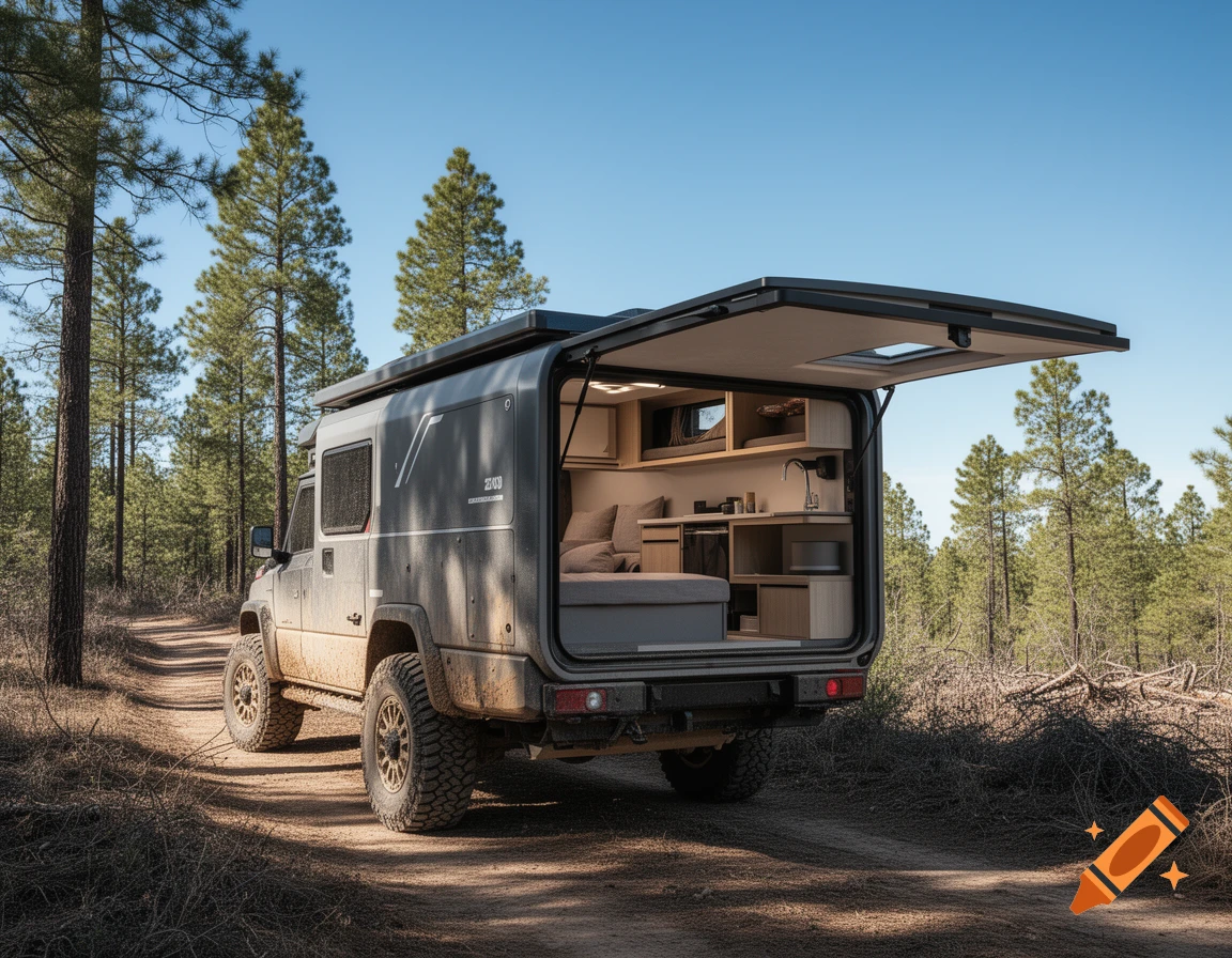 A photorealistic grey camper van with its back open, revealing a cozy interior, parked on a dirt path in a pine forest.