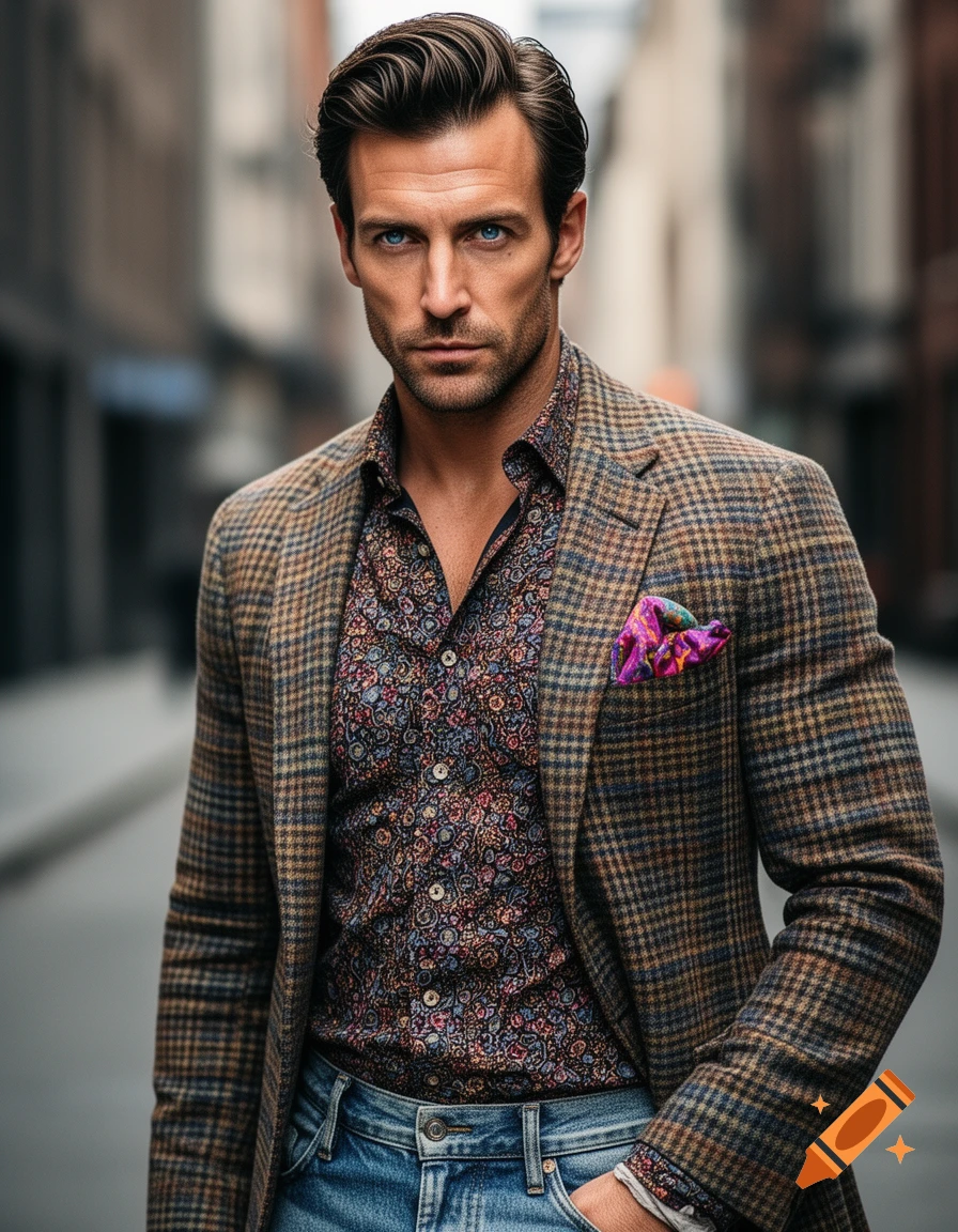 A photorealistic portrait of a dark-haired man with piercing blue eyes, wearing a plaid blazer and patterned shirt, on a city street.