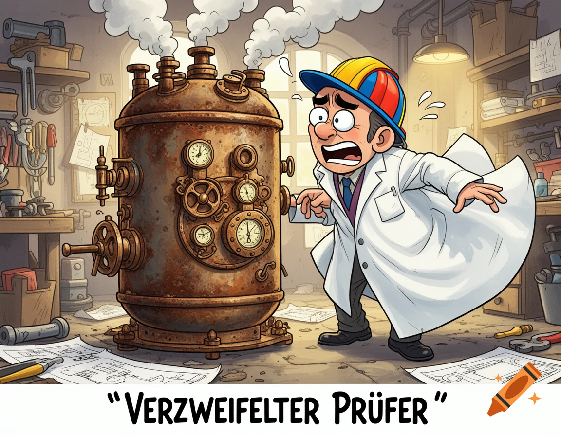A panicked cartoon man in a lab coat and hard hat stands next to a large, steaming steampunk machine in a cluttered workshop.